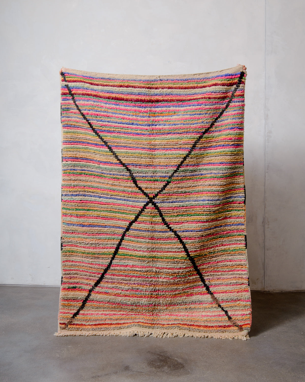 Modern, designer, handcrafted Berber rug from Morocco. Vintage carpet with beautiful colours and patterns and fluffy texture.